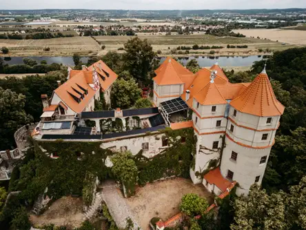Luftaufnahme eines historischen Schlosses mit orangefarbenen Ziegeldächern, Türmchen und efeubewachsenen Mauern, umgeben von Bäumen, Feldern und einem Fluss auf dem Lande.