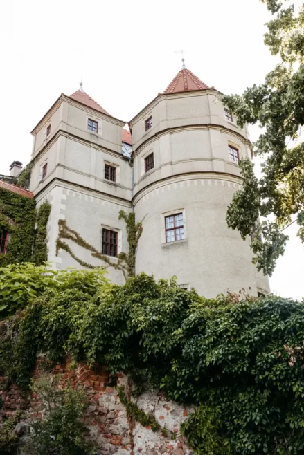 Eine historische Steinburg mit runden Türmen und roten Ziegeldächern, teilweise mit Efeu bewachsen und umgeben von üppigem Grün vor einem strahlenden Himmel.