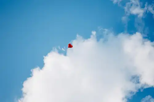 Ein roter herzförmiger Ballon schwebt über einer weißen Wolke vor einem strahlend blauen Himmel - eine bezaubernde Szene, perfekt für eine Hochzeit auf Gut am See, wunderschön eingefangen von einem Hochzeitsfotograf Görlitz.