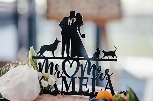 Silhouetten-Tortenaufsatz mit einem Paar mit zwei Hunden und zwei Katzen, der die Atmosphäre einer Hochzeit in Tharandt einfängt. Darunter stehen die Worte „Mr ❤️ Mrs“ und „AMELIA“. Die Torte ist elegant mit einer weißen Rose und Früchten verziert.