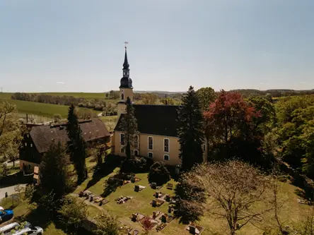 Luftaufnahme einer ländlichen Kirche mit einem hohen Kirchturm, umgeben von Bäumen, angrenzenden Gebäuden und einem kleinen Friedhof.