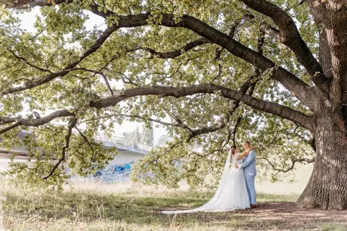 Eine Braut im weißen Kleid und ein Bräutigam im hellblauen Anzug stehen unter einem großen, ausladenden Baum mit grünen Blättern. Die Braut hält einen Blumenstrauß in der Hand, im Hintergrund ist eine Brücke zu sehen. Die sonnenbeschienene Szene wurde von einem Hochzeitsfotografen in Marcolinis Welt wunderschön eingefangen.